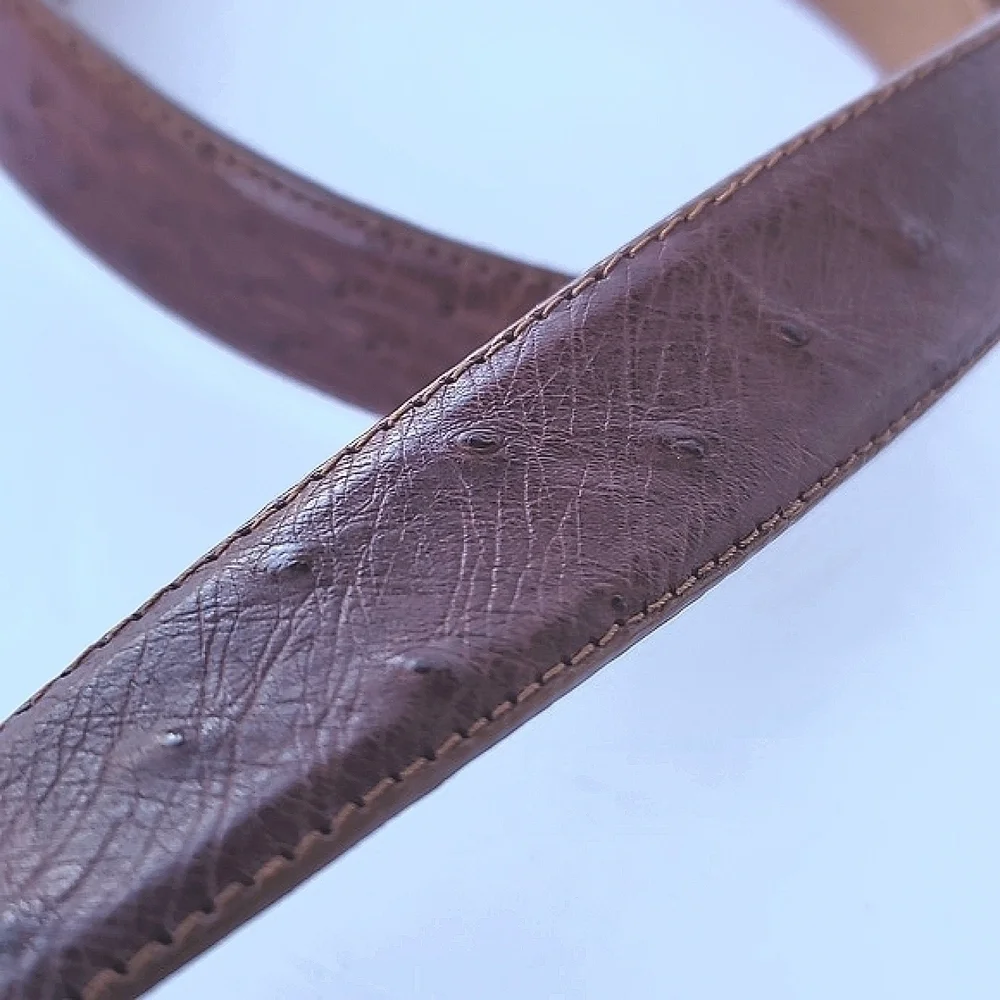 Full Quill Men's Ostrich Cognac Leather Brass Hardware Belt